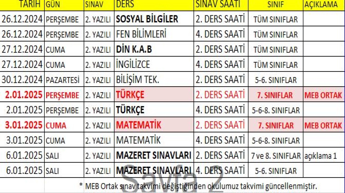 BİRİNCİ DÖNEM İKİNCİ SINAV TAKVİMİ GÜNCELLENDİ.